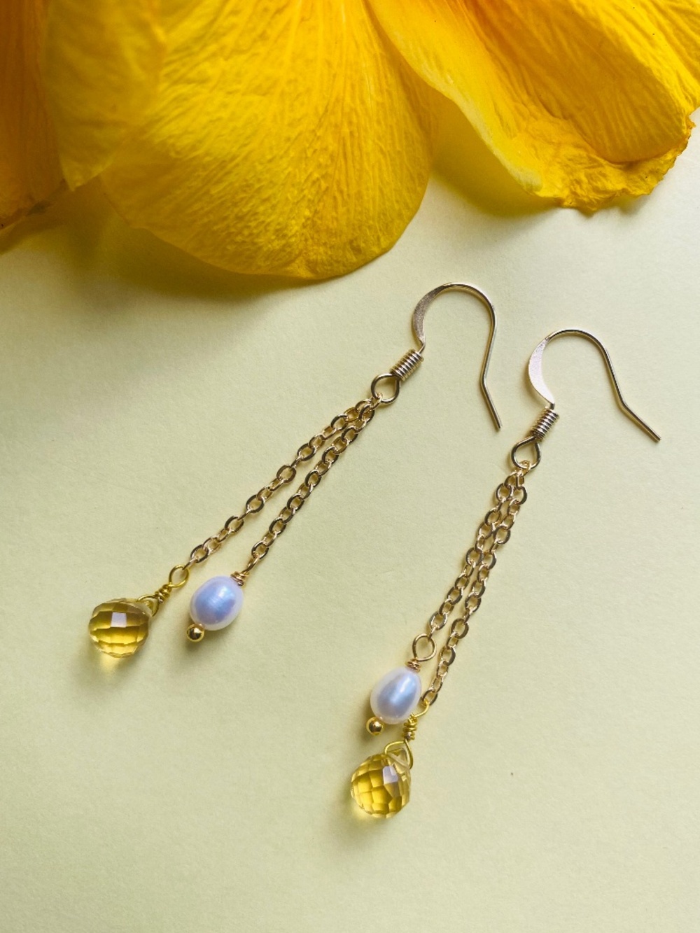 Citrine & Freshwater Pearl Chain Earrings (Handmade)